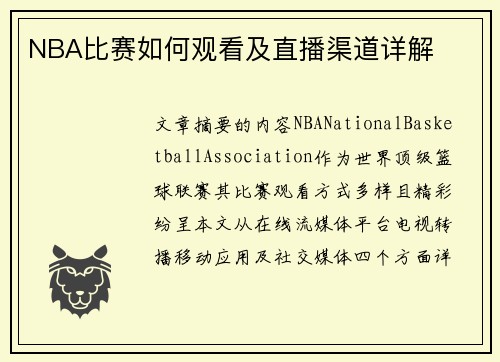 NBA比赛如何观看及直播渠道详解